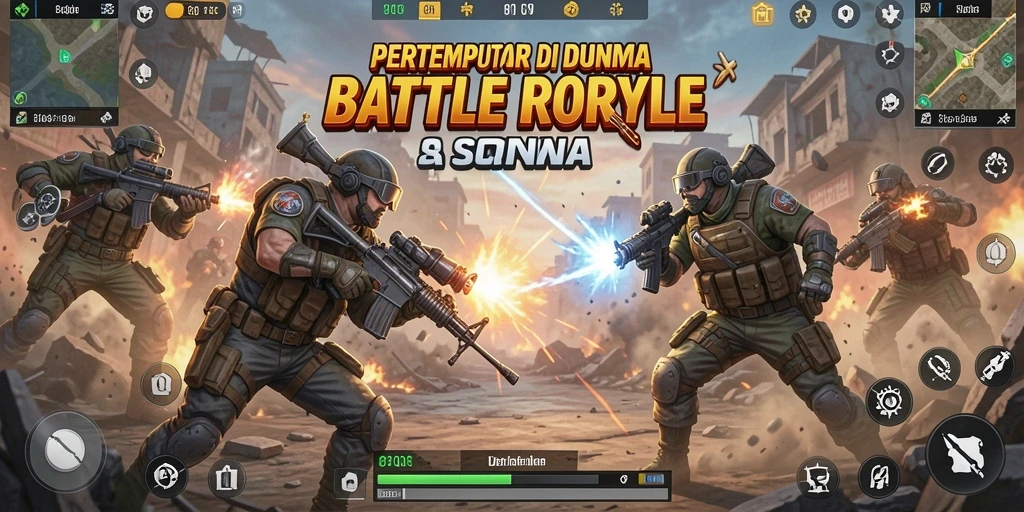 Tampilan permainan 8QR menunjukkan pertempuran Battle Royale yang intens.