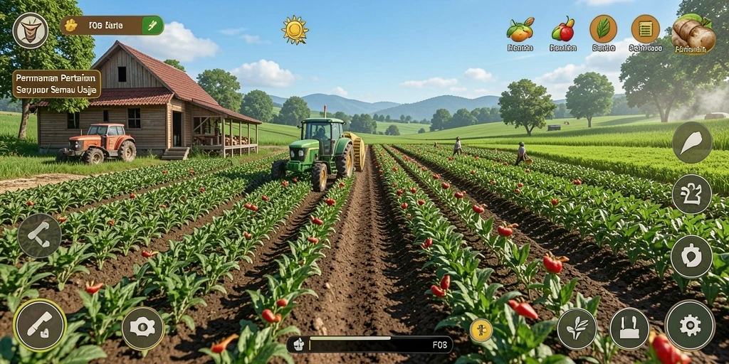 Tangkapan layar menampilkan gameplay seru F08 dengan ladang yang subur.