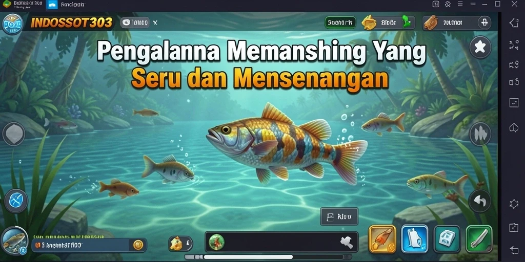 Screenshot gameplay INDOSLOT303 dengan karakter pemancing menangkap ikan.