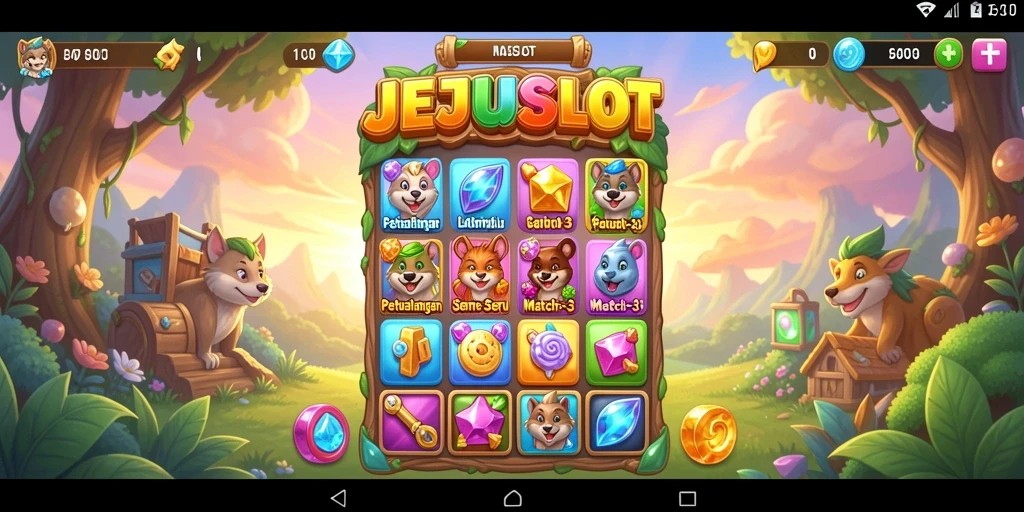 Tangkapan layar gameplay JEJUSLOT yang menampilkan keseruan level Match-3.