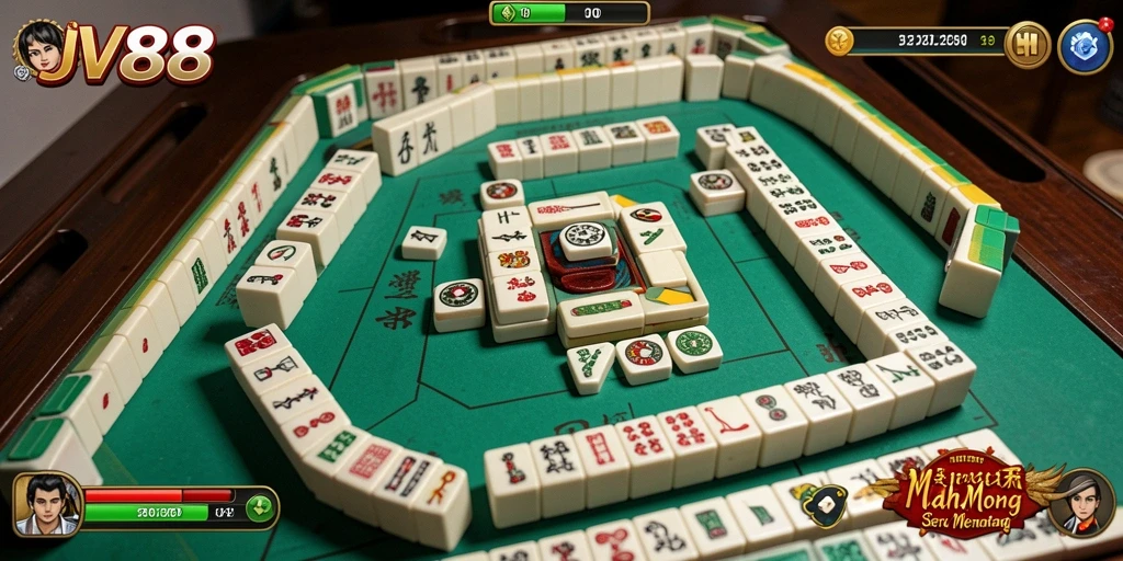Screenshot gameplay JV88 menampilkan aksi seru Mahjong yang mendebarkan.
